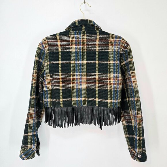 Blank NYC Green Plaid Crop Shacket with Fringe Jacket Women's Size Small FLAWED - Picture 8 of 11